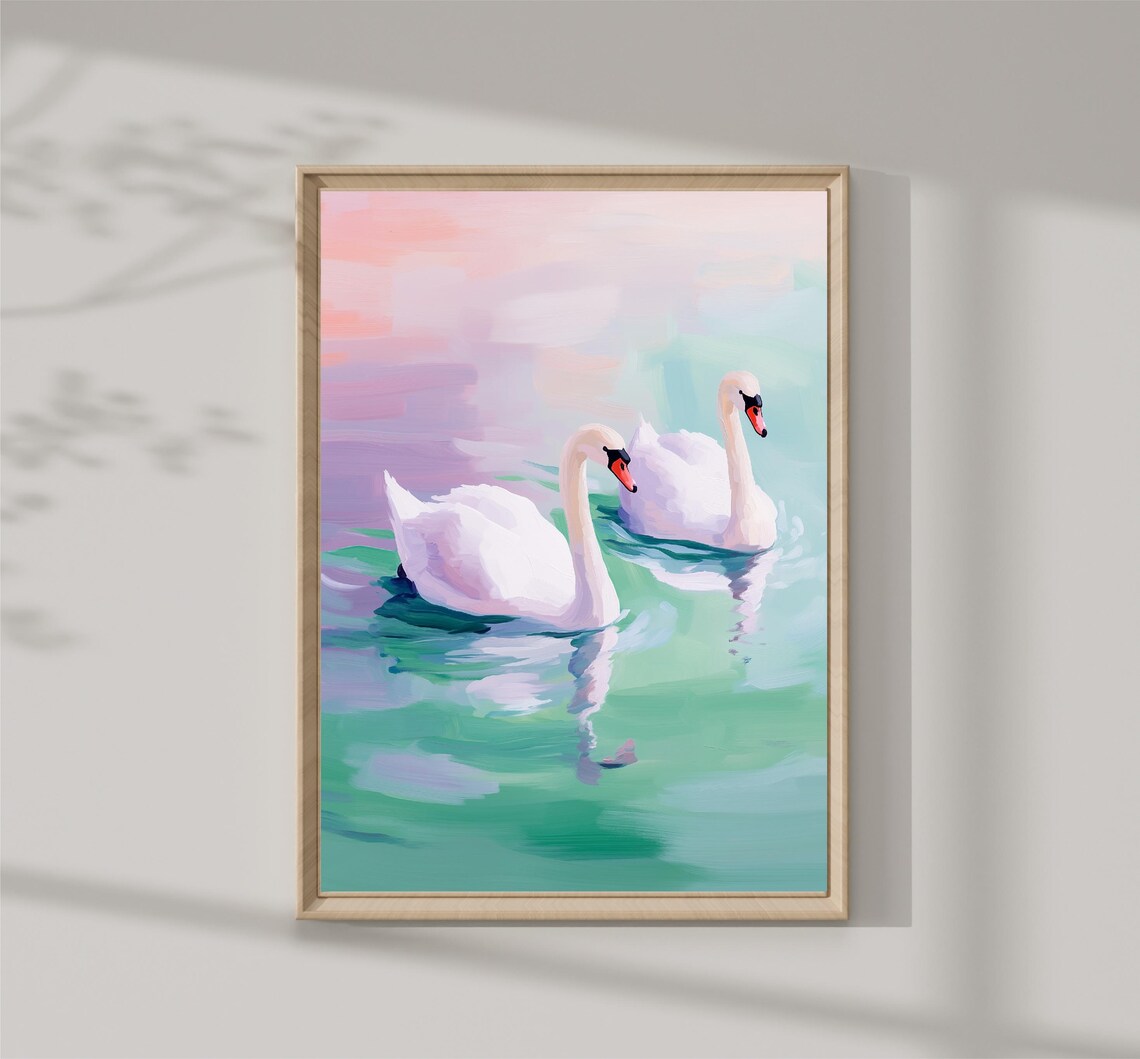 White Swans Pair Pastel Lake Dreamy Water Serene Nursery Wall Art