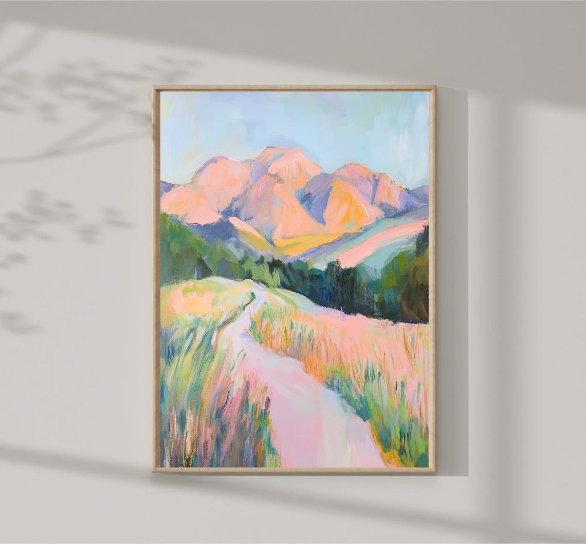 Pink Mountain Peaks Grassy Meadow Path Pastel Landscape Art Print