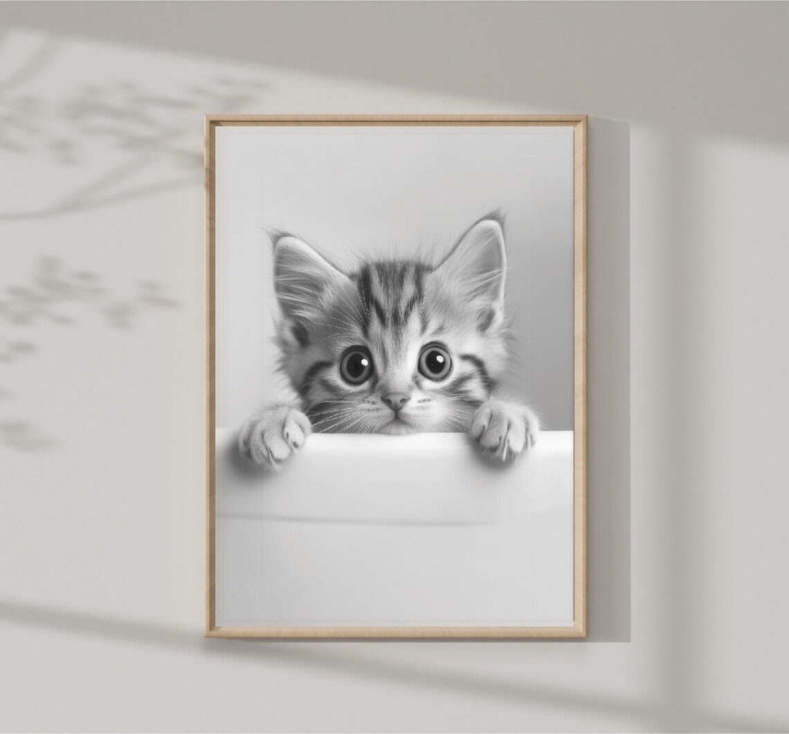 Tabby Kitten Peeking Over Bathtub Black White Cute Cat Photo Print