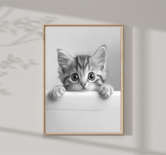 Tabby Kitten Peeking Over Bathtub Black White Cute Cat Photo Print