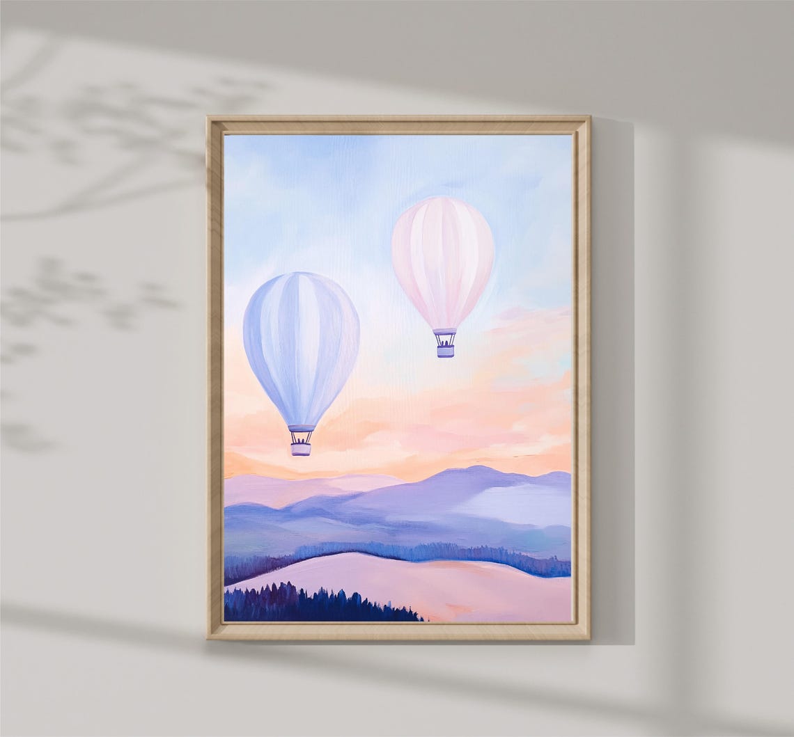 Pastel Hot Air Balloons Sunset Mountains Dreamy Sky Travel Poster