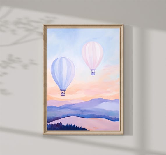 Whimsical Hot Air Balloon Painting Colorful Girls Room Wall Art Print Magical Kids Playroom Pastel Sunset