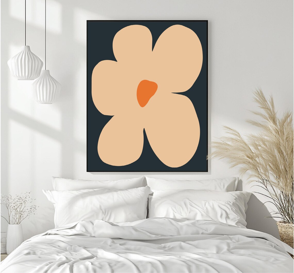 Peach Abstract Flower Dark Charcoal Background Botanical Wall Art - Image 6