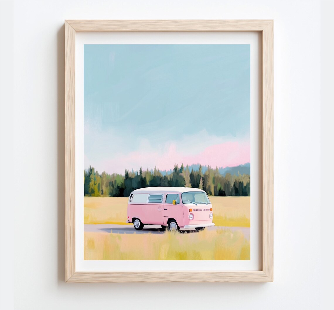 Pink Vintage Van In Golden Meadow Pastel Road Trip Art Poster - Image 4
