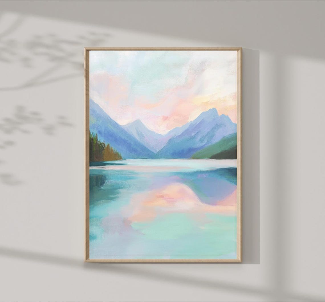 Turquoise Mountain Lake Pink Sky Reflection Landscape Art Print