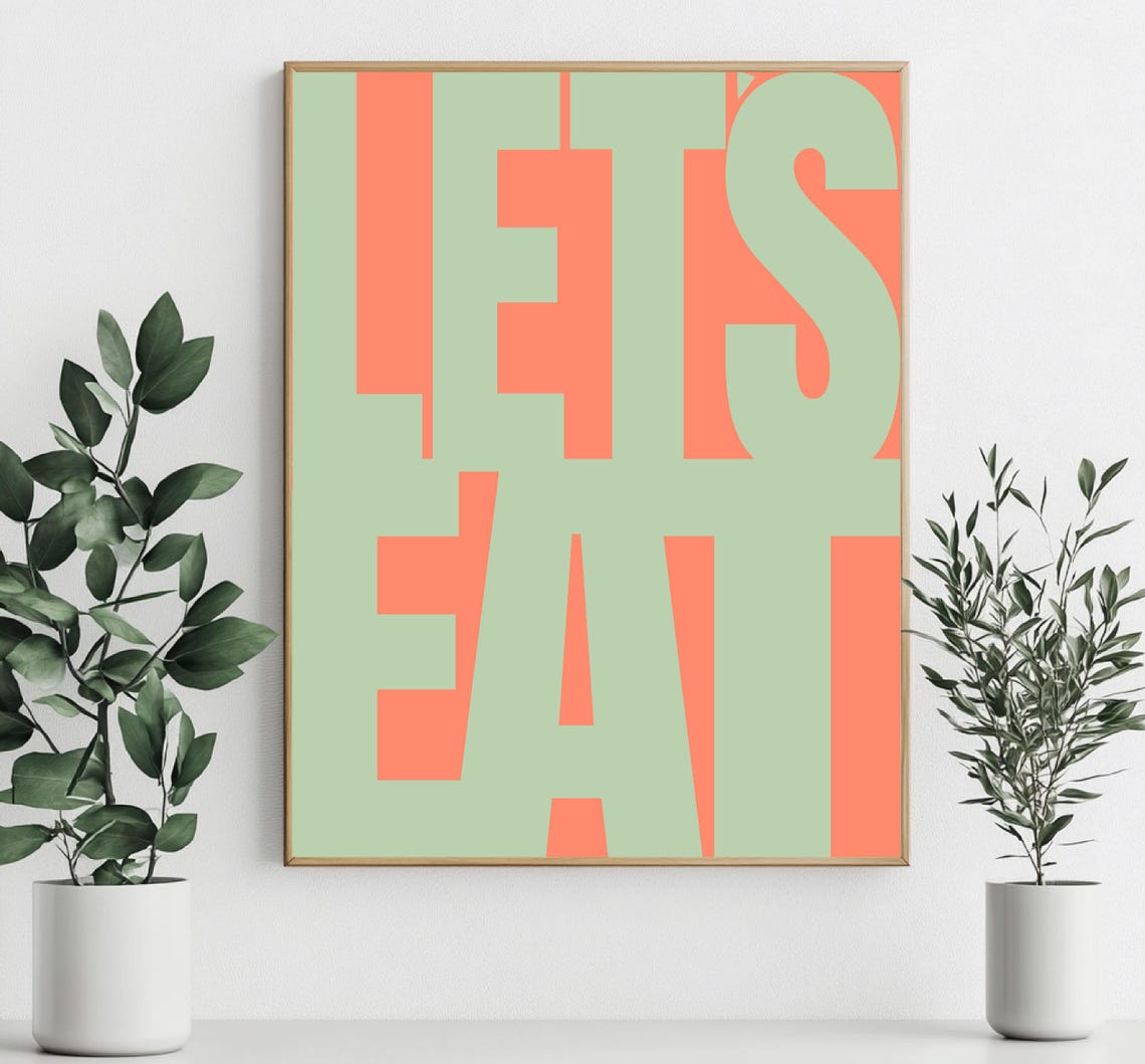 Lets Eat Stacked Green Typography Coral Background Kitchen Wall Art - Image 3