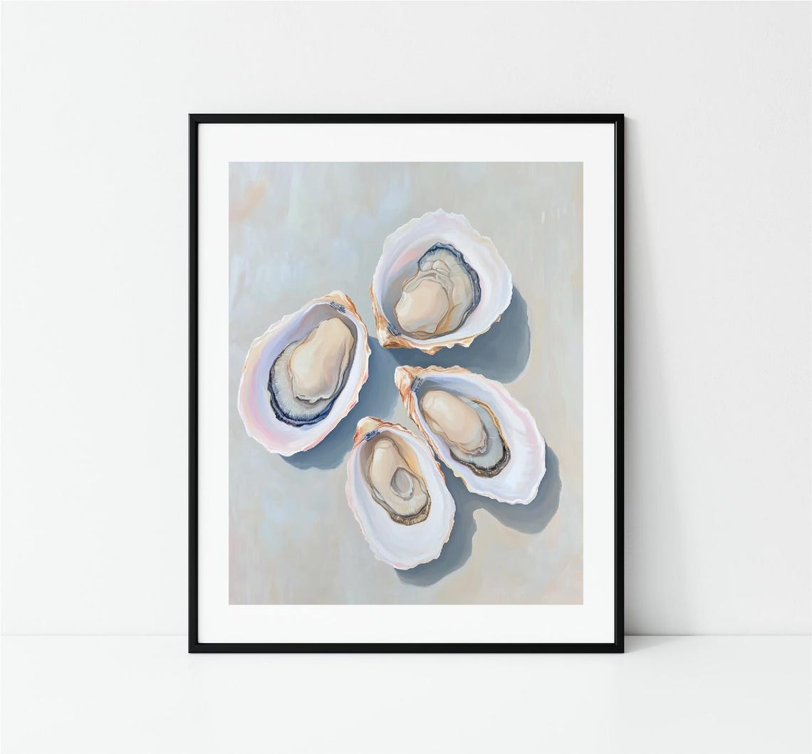 Four Oyster Shells Cream Background Minimalist Coastal Art Print - Image 4