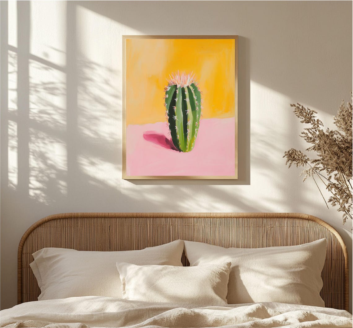 Green Cactus On Pink Surface Pop Art Yellow Background Wall Poster - Image 3