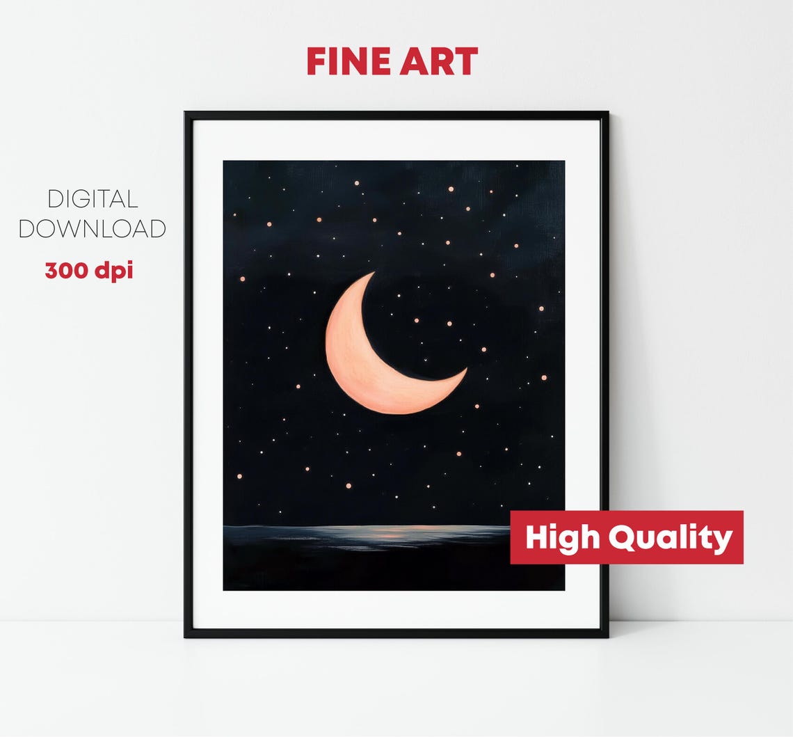 Pink Crescent Moon Starry Night Sky Over Water Celestial Poster - Image 2