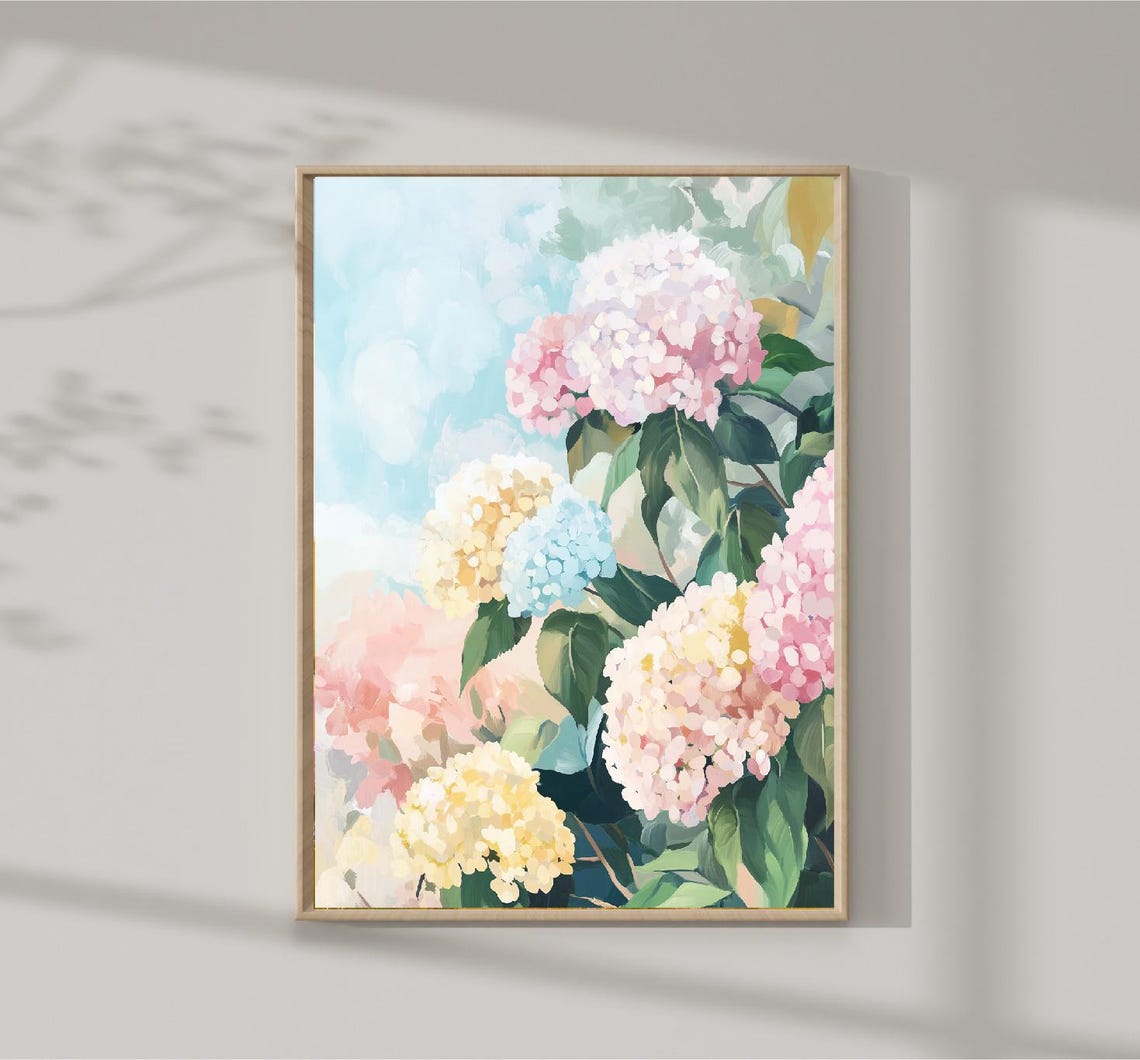 Pastel Hydrangea Bush Pink Blue Yellow Blooms Floral Art Poster