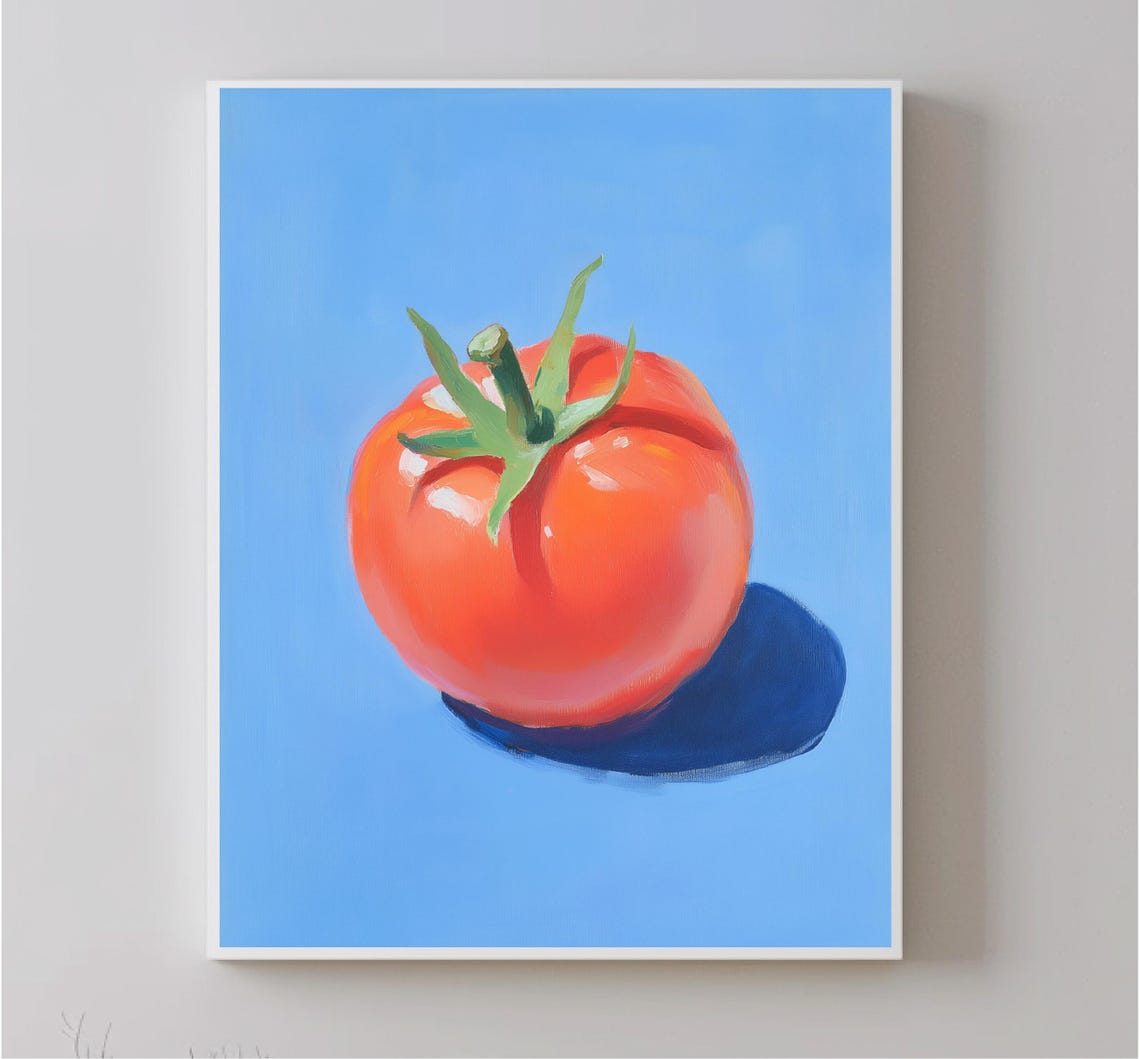Ripe Red Tomato Still Life Painting Blue Background Kitchen Poster