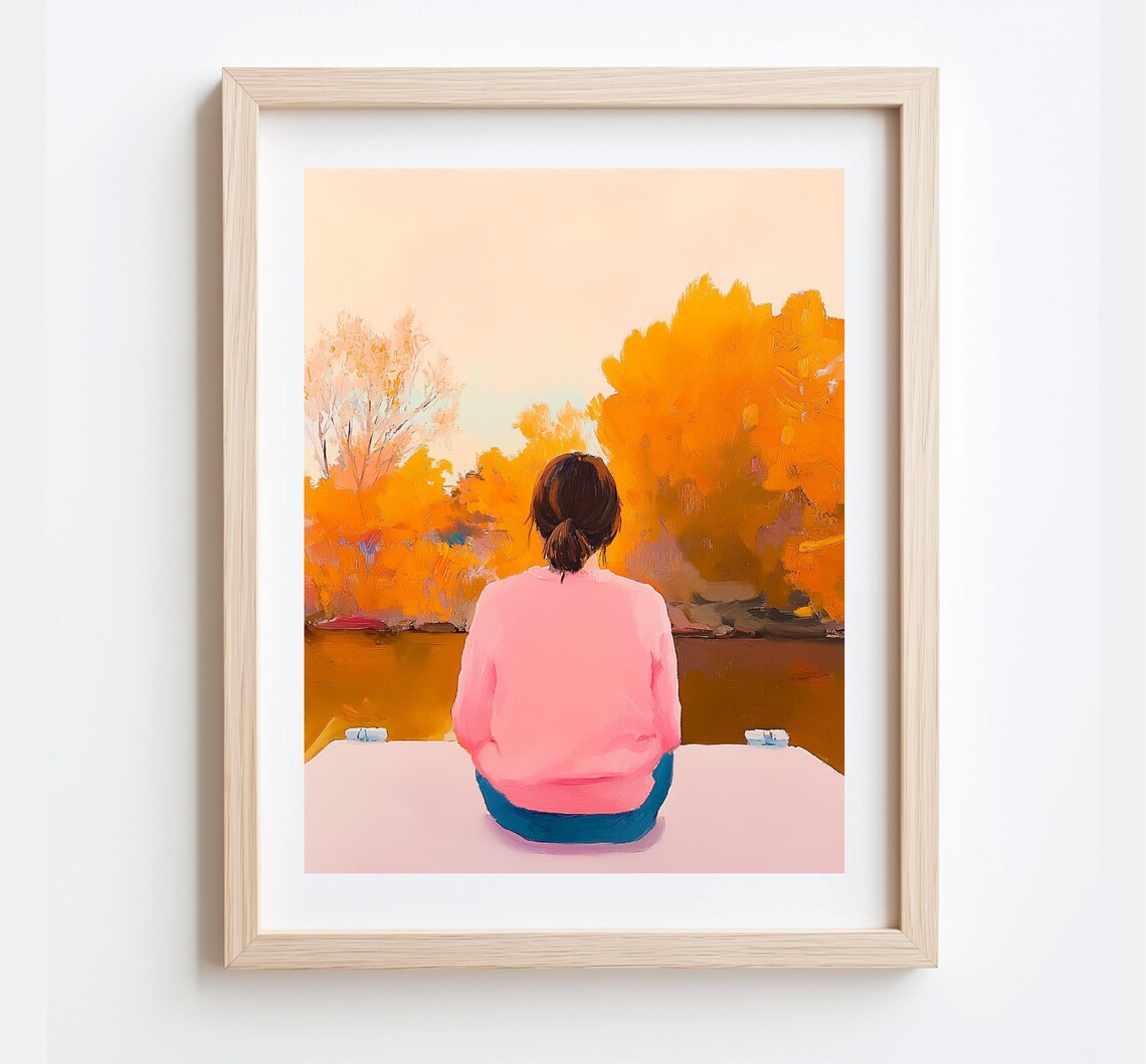 Woman In Pink Sweater Watching Autumn Lake Pastel Figurative Poster - Image 5
