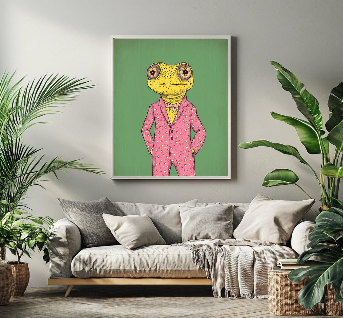 Retro Anthropomorphic Chameleon With Cute Pajamas Wall Art Retro Animal Watercolor Trending - Image 3