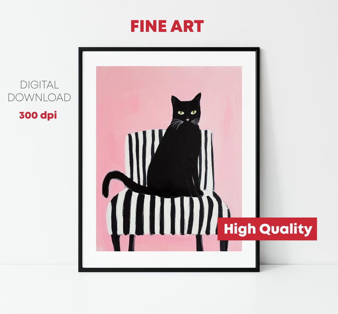 Black Cat On Striped Chair Pink Background Whimsical Cat Poster - Image 2