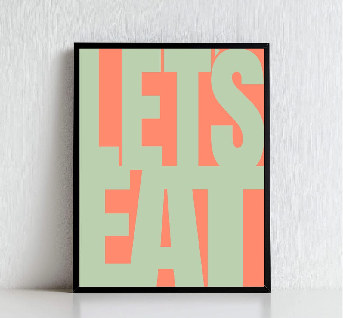 Lets Eat Stacked Green Typography Coral Background Kitchen Wall Art - Image 2