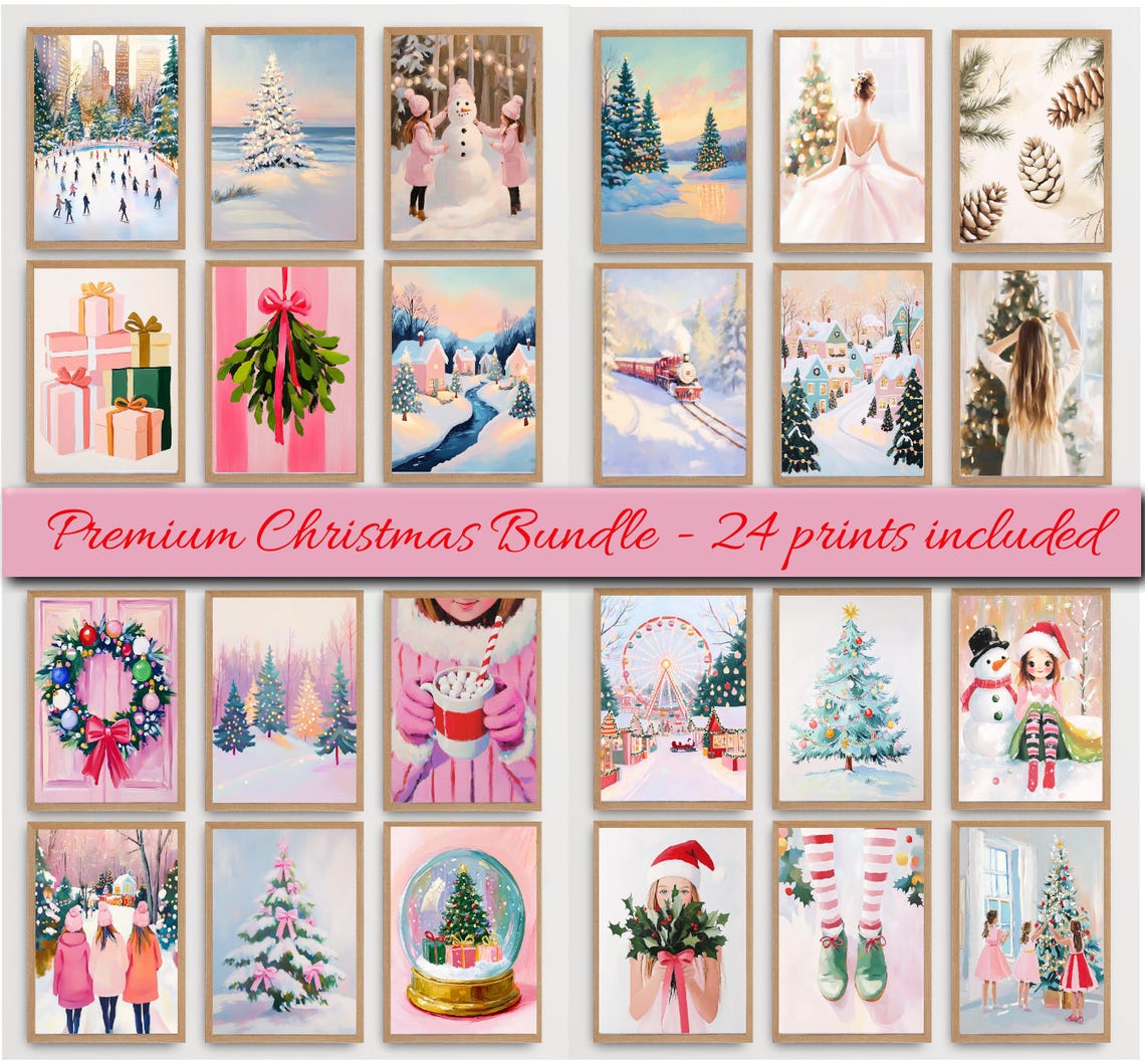 Pink Christmas Bundle 24 Prints Holiday Gallery Wall Art Set Poster
