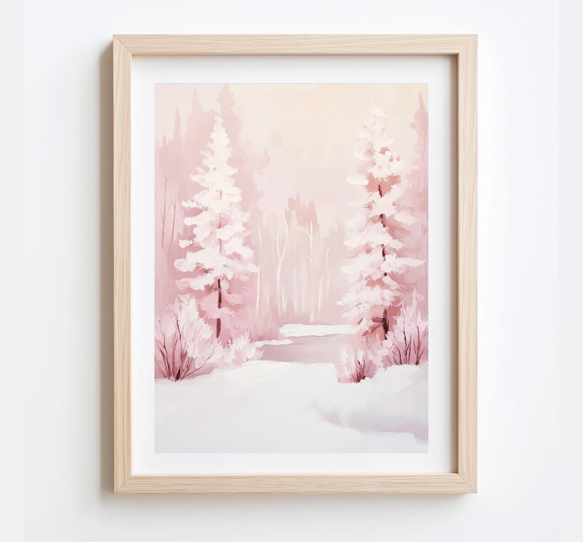 Blush Pink Winter Forest Snowy Pines Dreamy Holiday Scene Poster - Image 3
