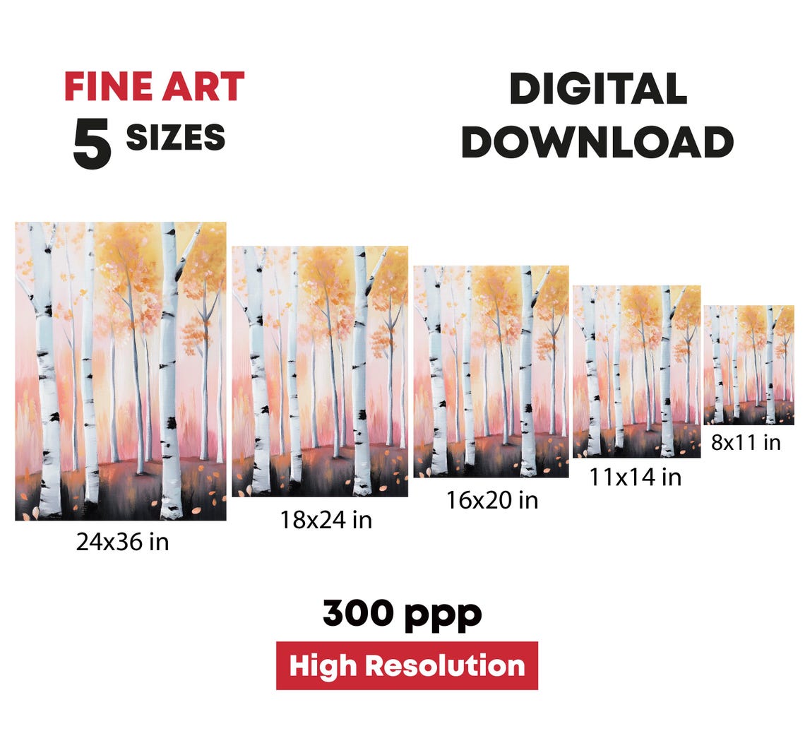 Autumn Birch Forest White Trunks Peach Fall Foliage Art Poster - Image 4