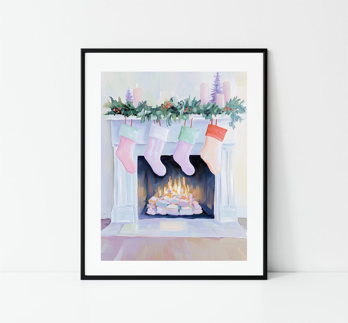 White Fireplace Pastel Stockings Garland Cozy Christmas Mantel Poster - Image 3