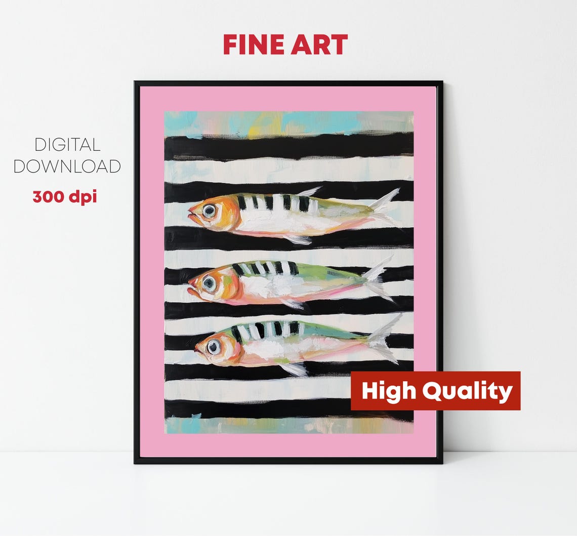 Painted Striped Sardines Trio Pink Border Coastal Kitchen Print - Image 4