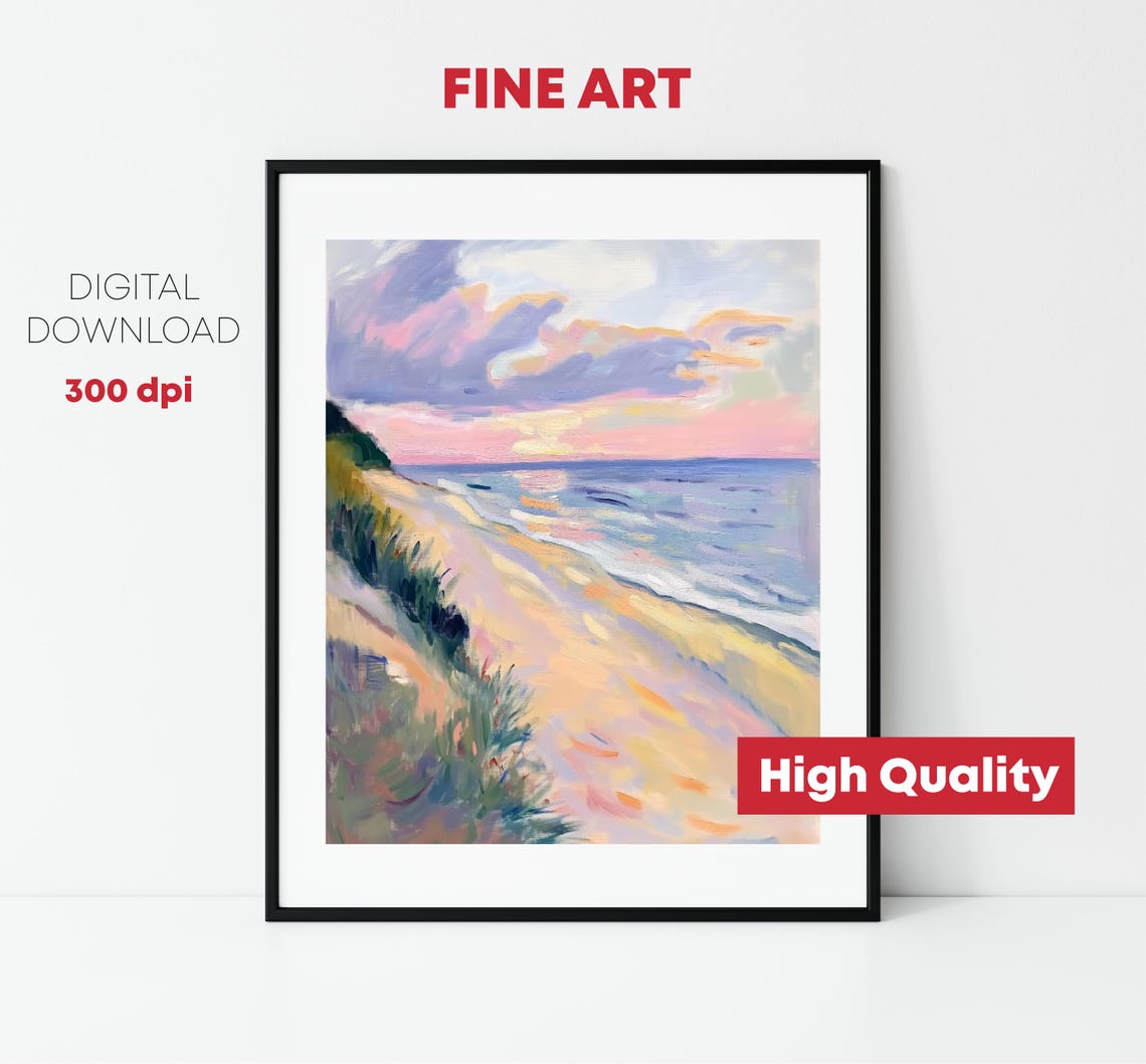 Pastel Beach Dunes Sunset Pink Clouds Impressionist Coastal Poster - Image 2
