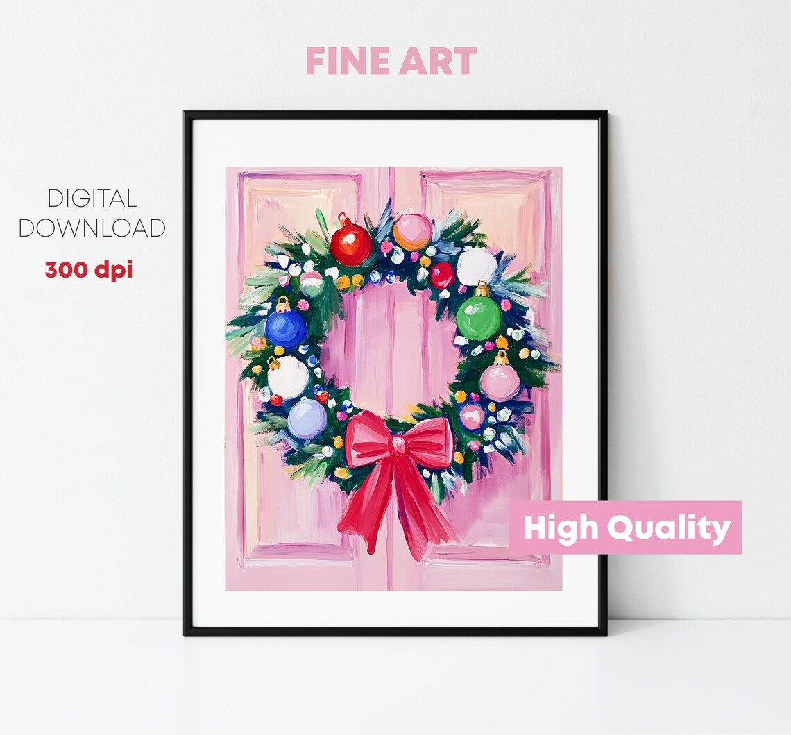 Christmas Wreath Colorful Ornaments Red Bow Pink Door Holiday Print - Image 3