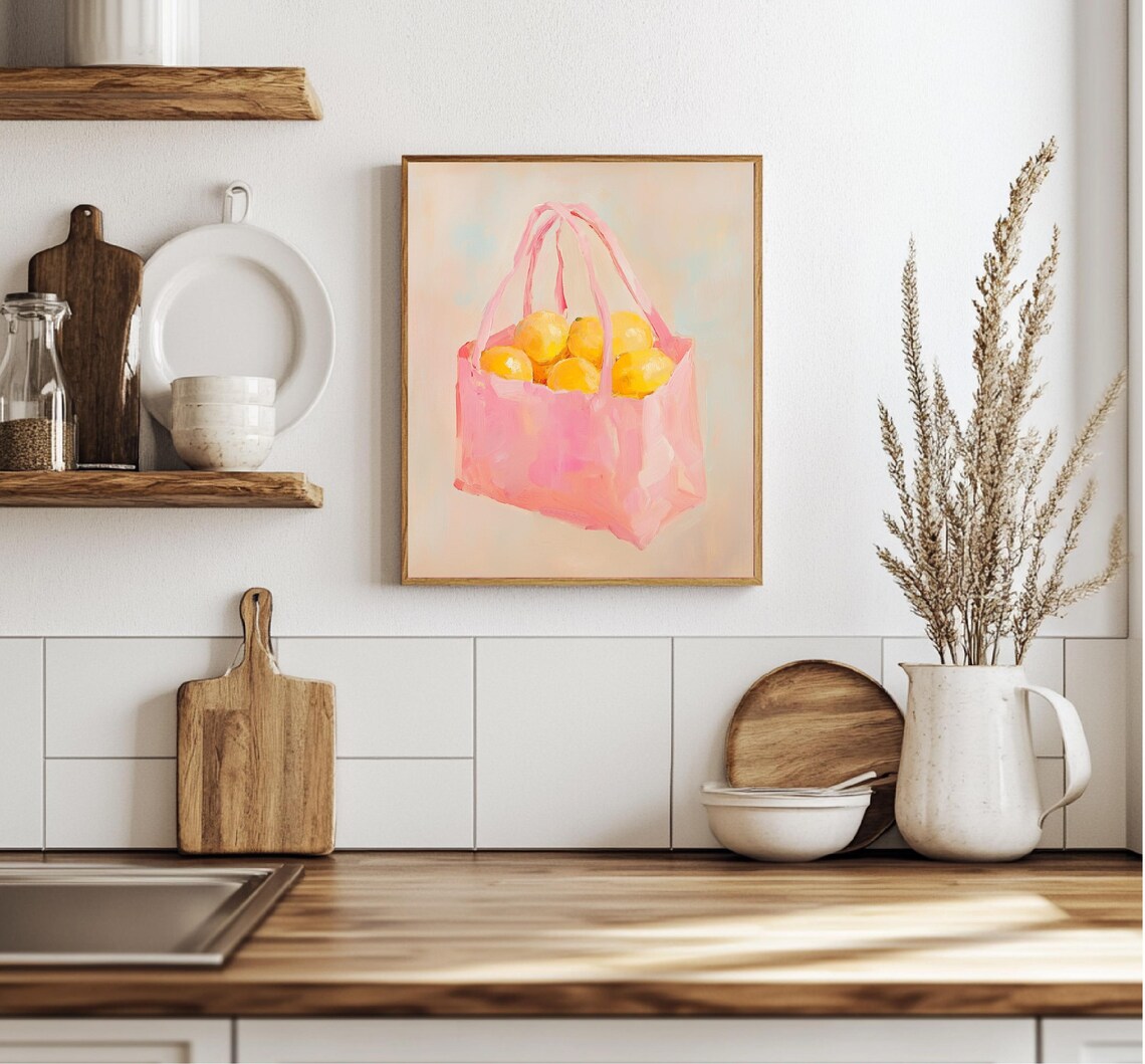 Pink Tote Bag Full Of Yellow Lemons Pastel Kitchen Still Life Poster - Image 3
