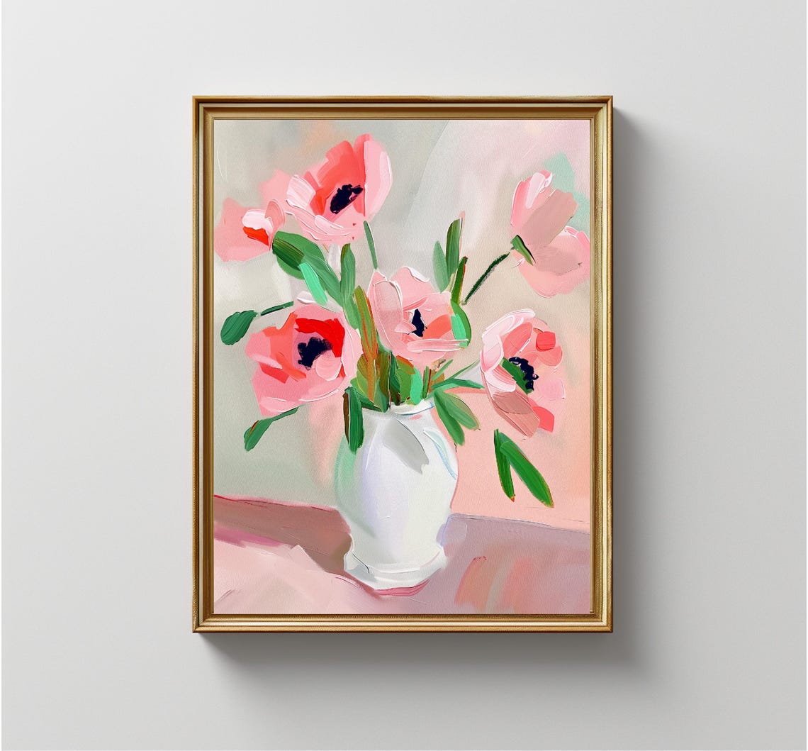Pink Anemones Bouquet White Vase Impressionist Floral Painting Print - Image 4