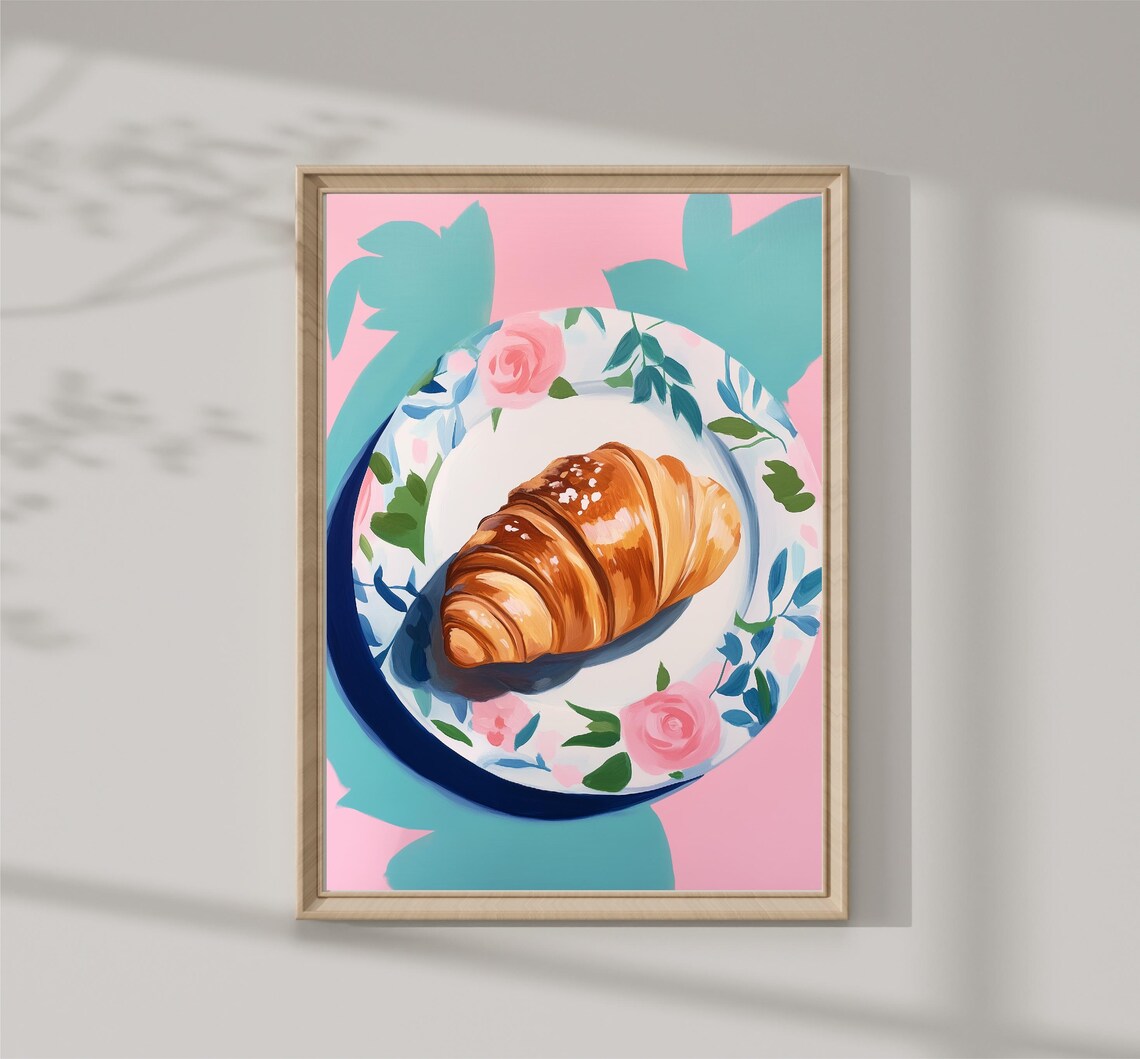 Golden Croissant Floral Plate French Breakfast Pink Pop Wall Art