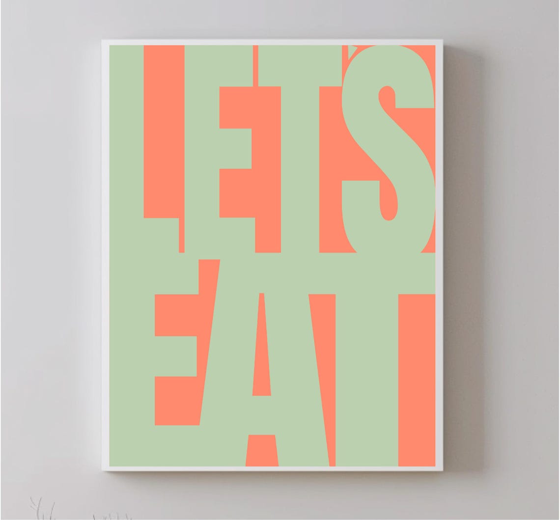 Lets Eat Stacked Green Typography Coral Background Kitchen Wall Art