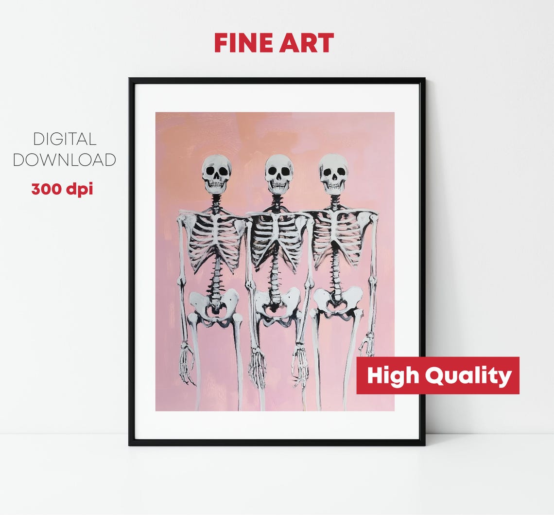 Three Skeleton Friends Pink Pastel Halloween Party Spooky Print - Image 2
