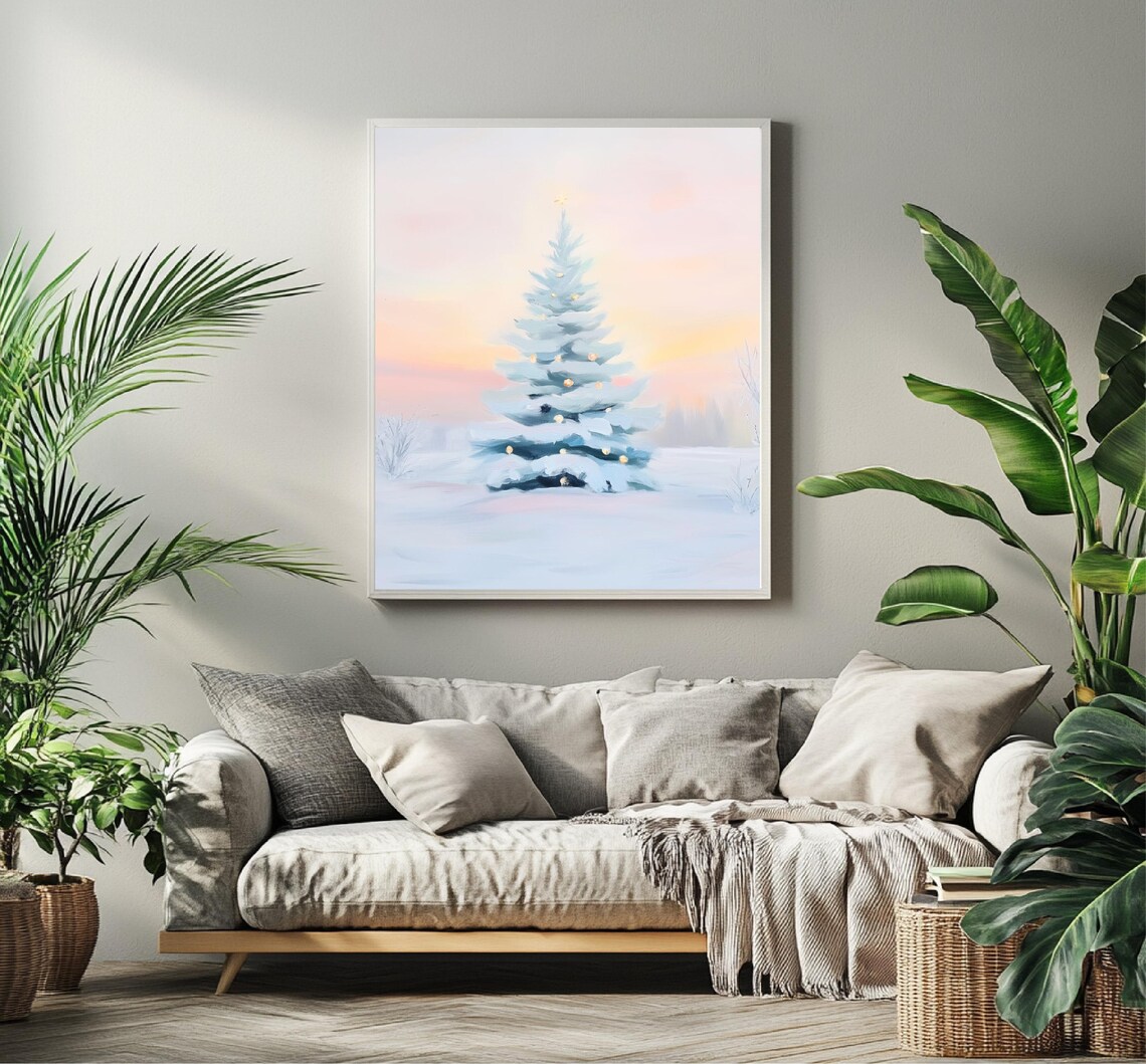 Pink Christmas Tree With Golden Lights In Snow Pastel Art Poster - Image 3