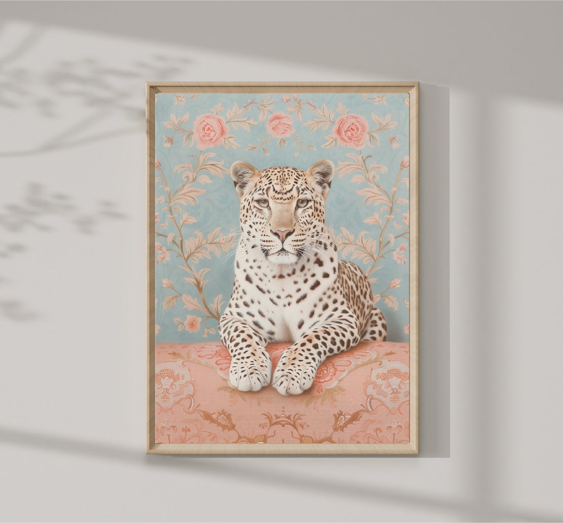 Leopard Portrait With Vintage Pink Roses Floral Maximalist Wall Art