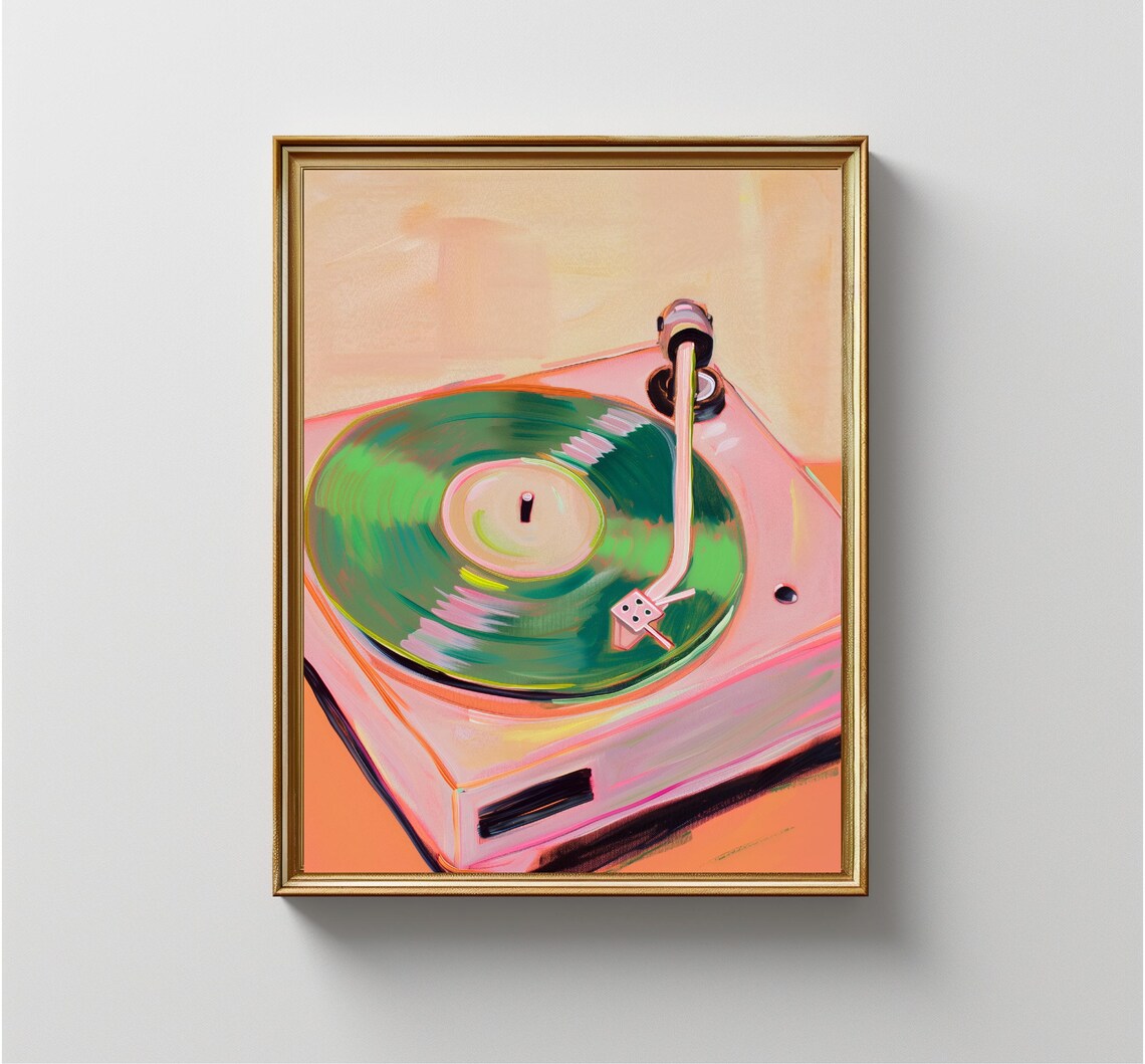 Pink Record Player Green Vinyl Retro Turntable Music Room Art Print - Image 4