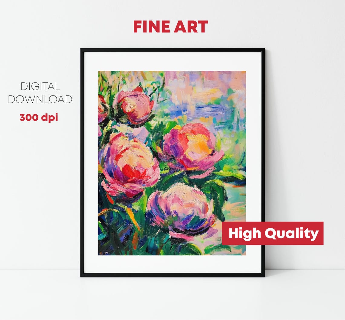 Vibrant Pink Peony Blossoms Impressionist Floral Garden Poster - Image 2