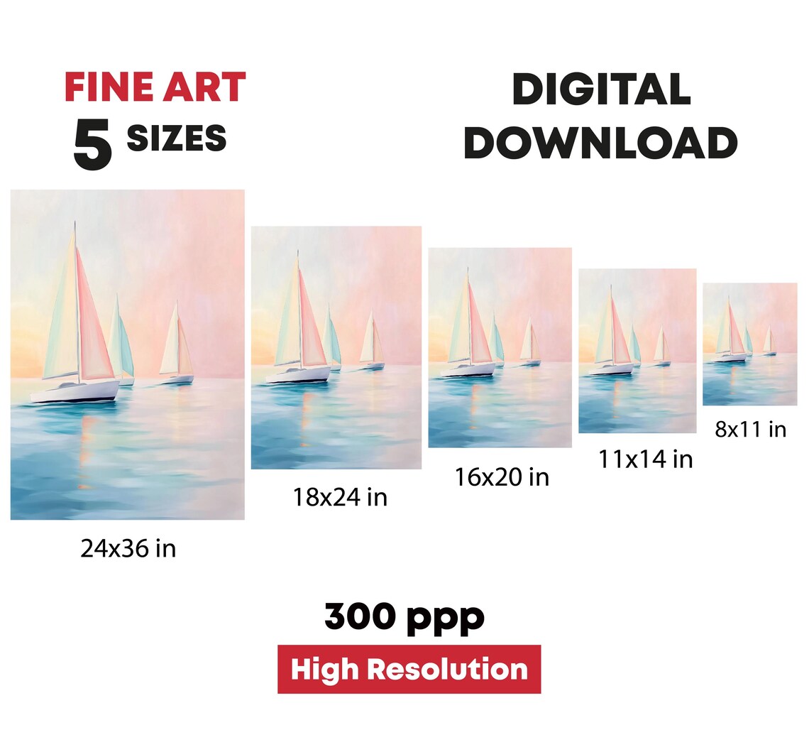 Three Sailboats Calm Pastel Sunset Sea Serene Coastal Sailing Art Print - Image 4