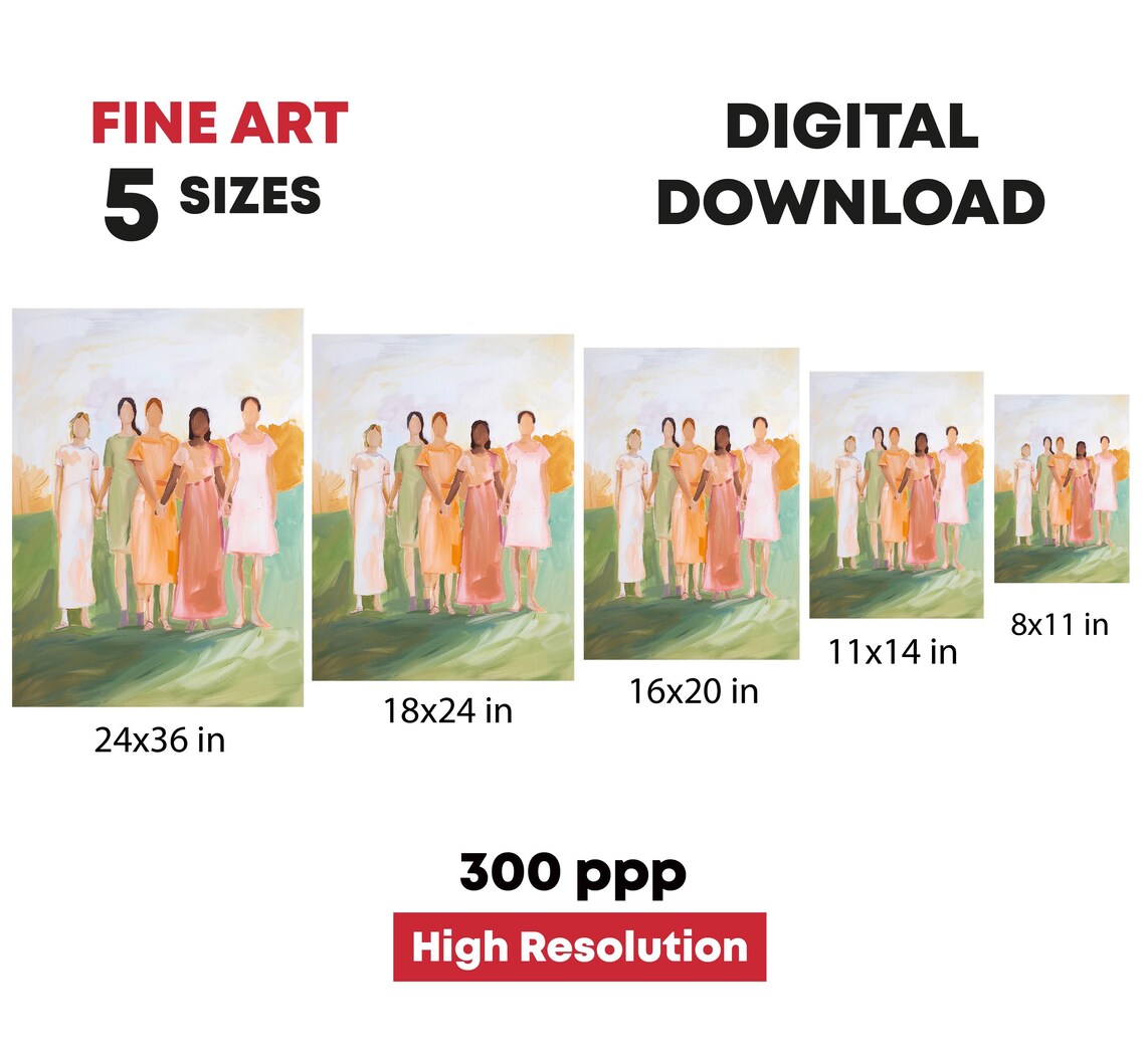 Five Women Friends Holding Hands Pastel Field Painting Art Print - Image 4
