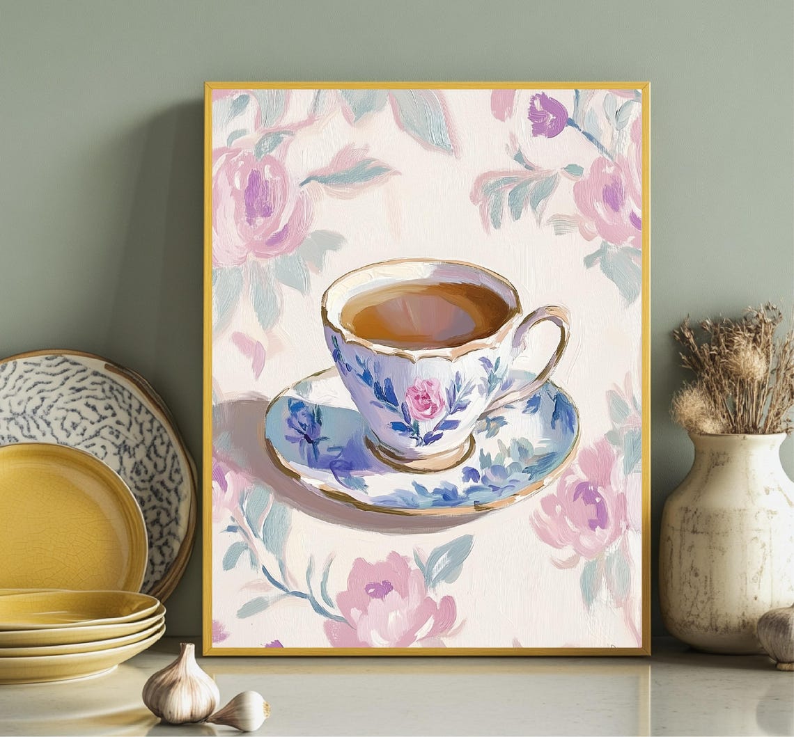Vintage Floral Teacup With Tea Rose Pattern Kitchen Art Poster - Image 2