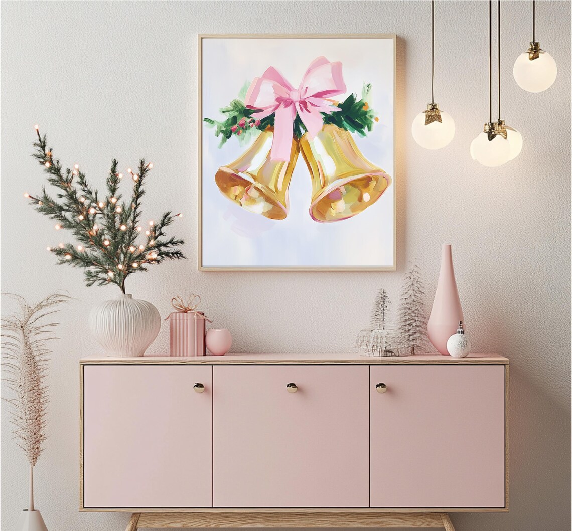 Golden Christmas Bells Pink Bow Greenery Holiday Jingle Art Print - Image 3