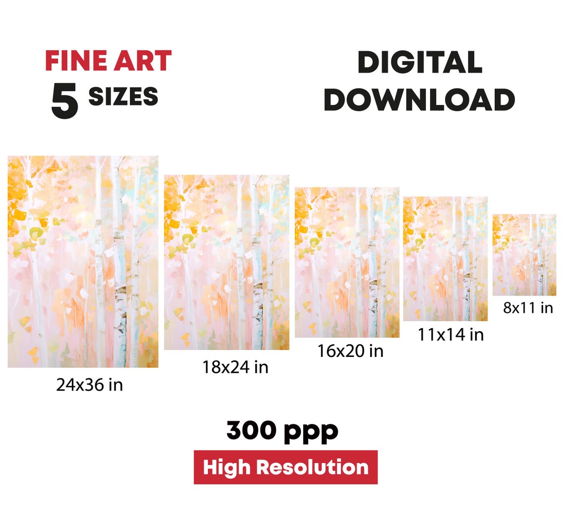 Soft Pastel Birch Tree Golden Leaves Spring Abstract Art Poster - Image 4