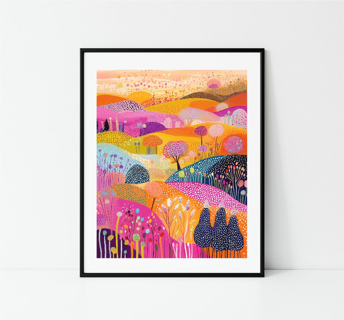 Bright Flower Garden Hills Stylized Botanical Illustration Wall Art - Image 3