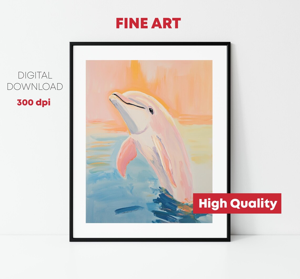 Pink Dolphin Leaping Sunset Ocean Pastel Coastal Nursery Art Print - Image 2