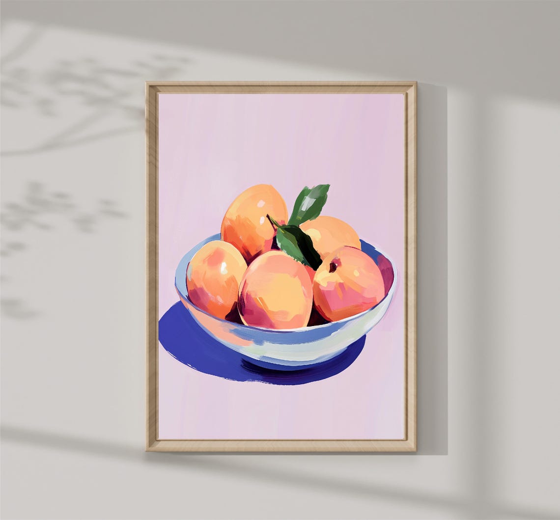 Peach Bowl Pink Background Still Life Sweet Fruit Kitchen Wall Art
