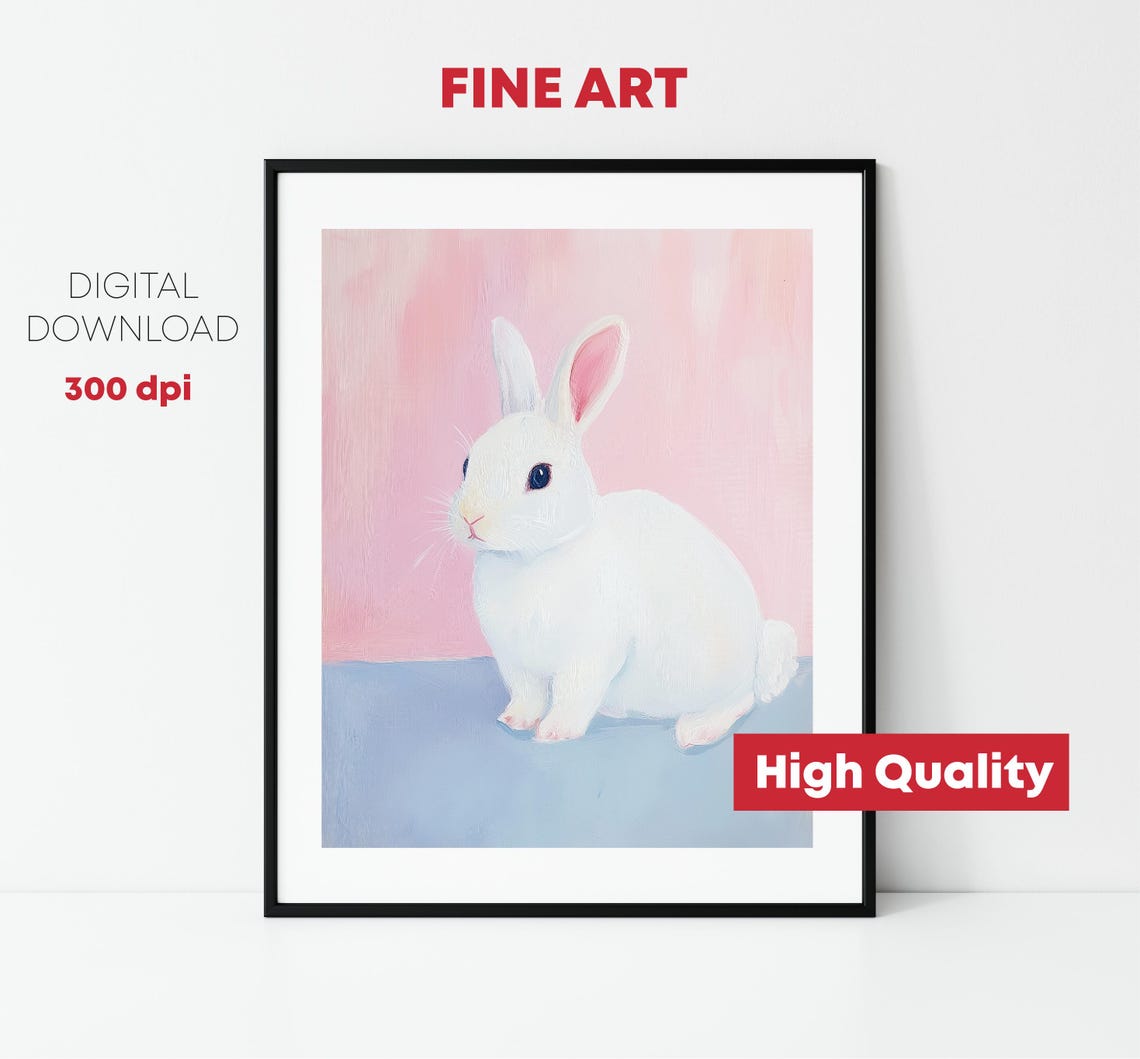 Cute White Bunny Rabbit Pink Blue Pastel Nursery Kids Room Print - Image 2