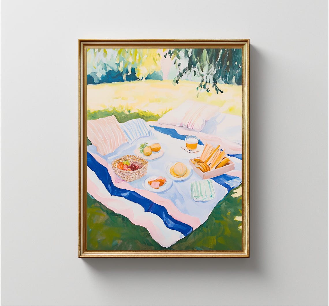 Summer Picnic Blanket Park Painting Food Basket Pastel Art Print - Image 3