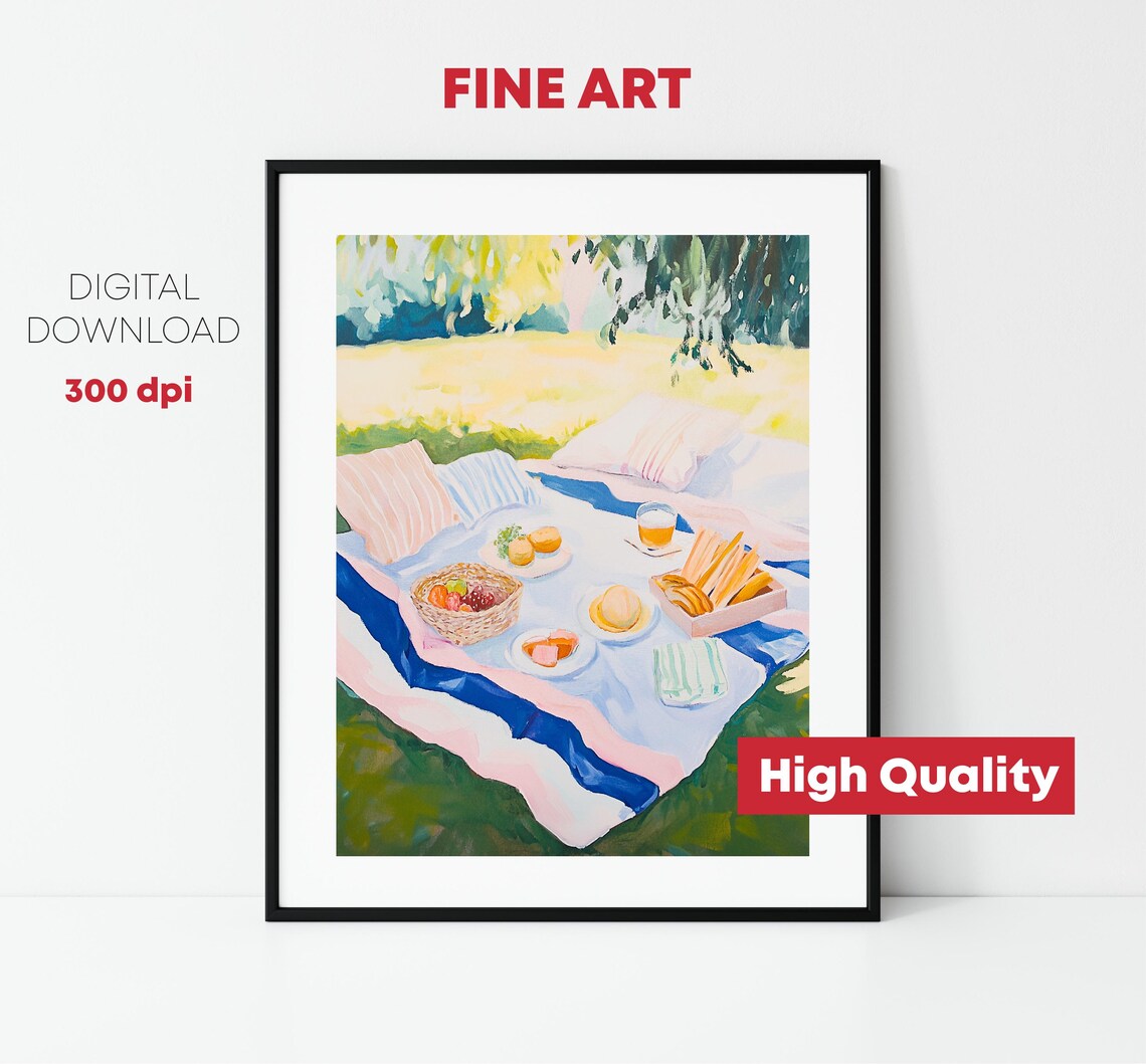 Summer Picnic Blanket Park Painting Food Basket Pastel Art Print - Image 2