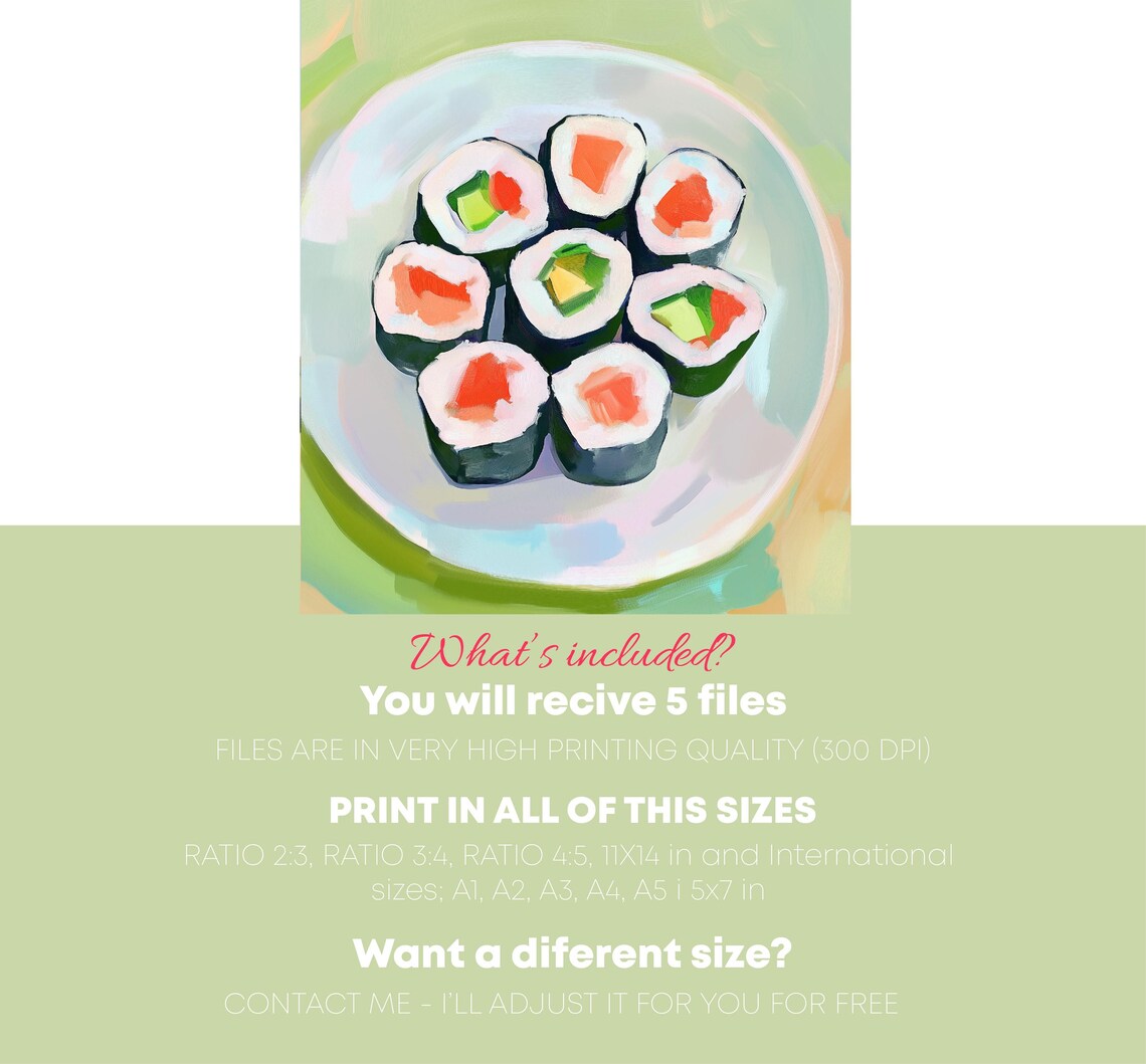 Sushi Rolls On Plate Pastel Japanese Food Painting Kitchen Poster - Image 4