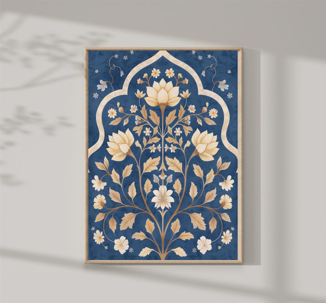 Navy Blue Gold Indian Floral Arch Pattern Traditional Poster