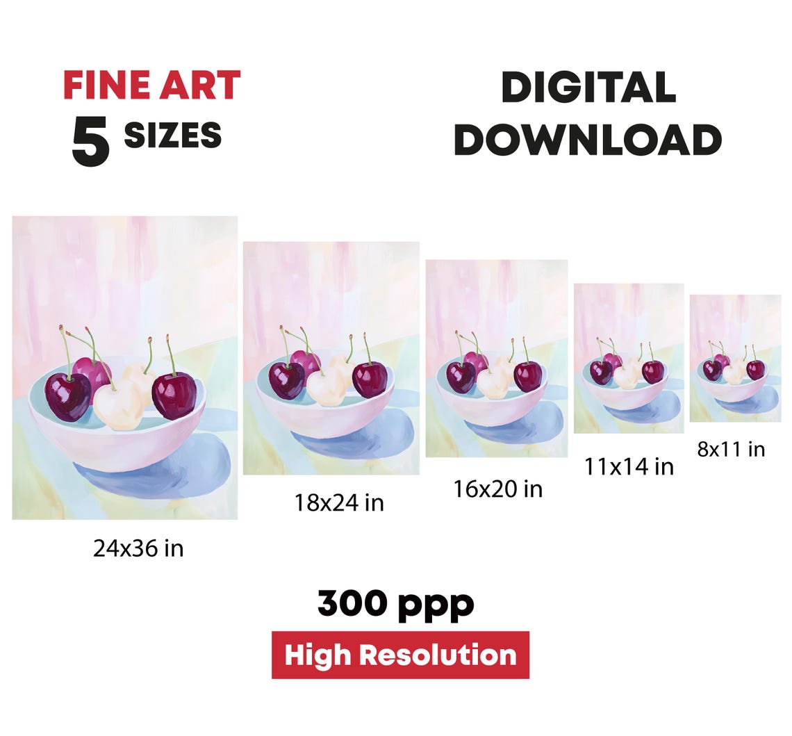 Bowl Of Red And White Cherries Pastel Still Life Kitchen Print - Image 4