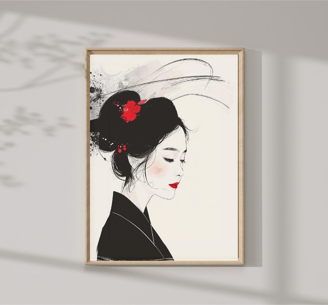 Elegant Geisha Woman Red Flower Ink Illustration Japanese Art Print